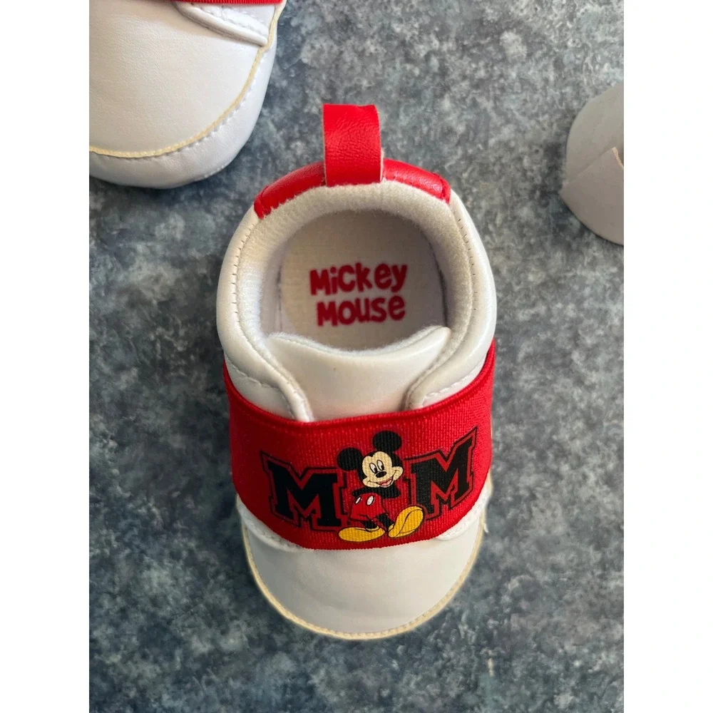 Disney Mickey Mouse Infant Crib Shoes White Red Elastic Strap Slip On Sneakers